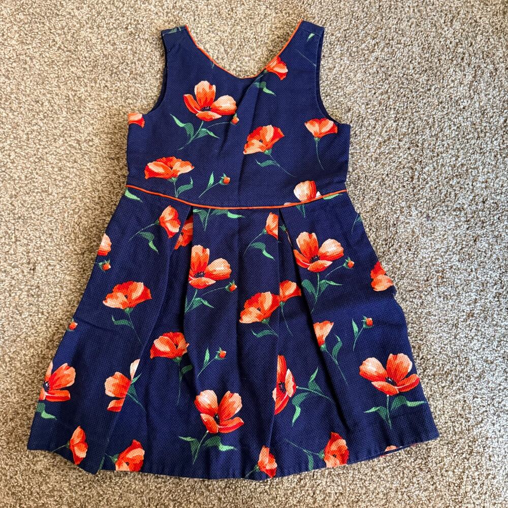 Janie and Jack Cotton Dress Navy Red Floral Open Back Size 6